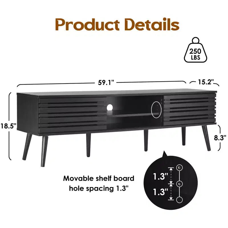 Meubles TV Mid-Century Modern pour TV jusqu'à 70 po avec rangement, Meuble TV en bois cannelé