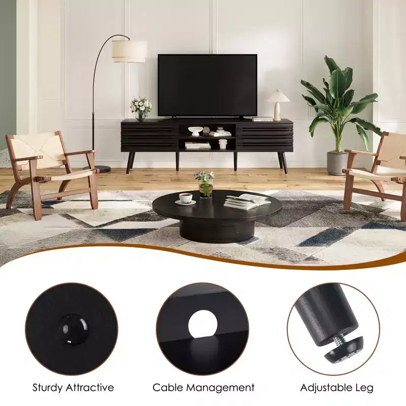 Meubles TV Mid-Century Modern pour TV jusqu'à 70 po avec rangement, Meuble TV en bois cannelé