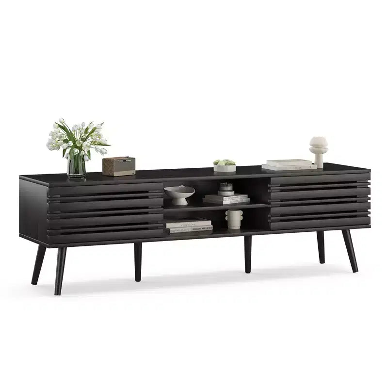 Meubles TV Mid-Century Modern pour TV jusqu'à 70 po avec rangement, Meuble TV en bois cannelé