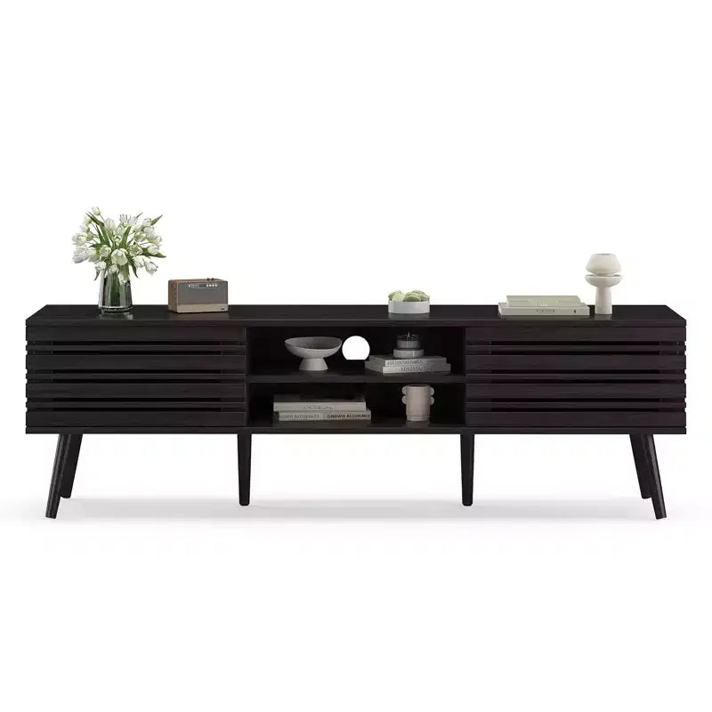 Meubles TV Mid-Century Modern pour TV jusqu'à 70 po avec rangement, Meuble TV en bois cannelé