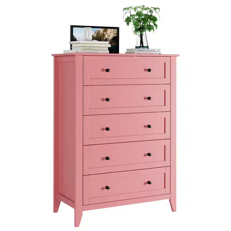 Commode de chambre à 5 tiroirs, chiffonnier haut moderne avec poignées métalliques