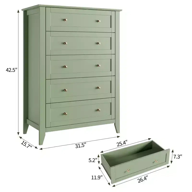 Commode de chambre à 5 tiroirs, chiffonnier haut moderne avec poignées métalliques