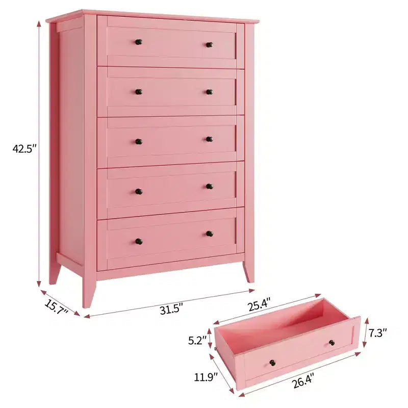 Commode de chambre à 5 tiroirs, chiffonnier haut moderne avec poignées métalliques