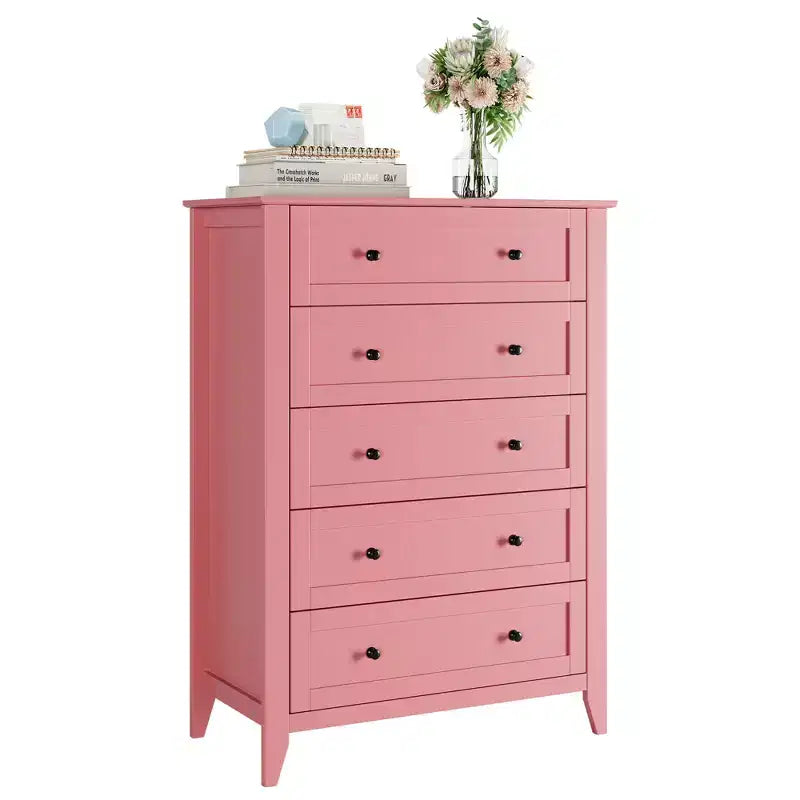 Commode de chambre à 5 tiroirs, chiffonnier haut moderne avec poignées métalliques
