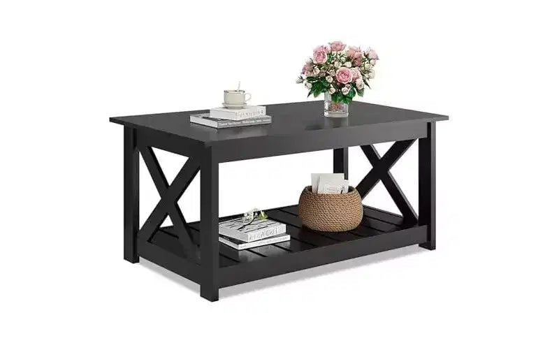 DEXYLLO Farmhouse Coffee Table for Living Room, 40.1 Rustic Center Table with X-Frame Support & Storage Shelf
