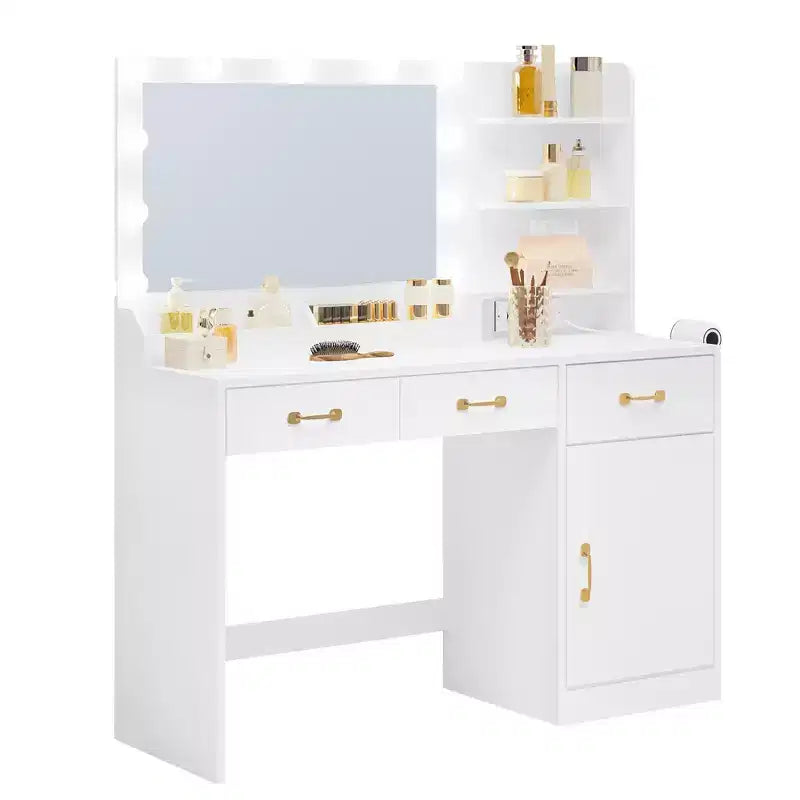 Makeup Vanity Desk with Mirror - 3 Drawers, 2 Cubbies, Cabinet, Open Shelves - Wooden Dressing Table for Bedroom or Dressing Room - White