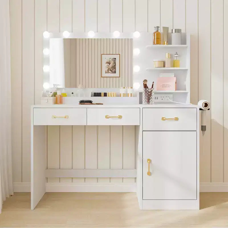 Coiffeuse avec miroir 3 tiroirs, 2 compartiments, placard, étagères ouvertes