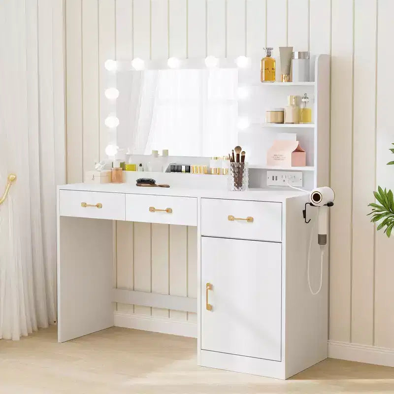 Coiffeuse avec miroir 3 tiroirs, 2 compartiments, placard, étagères ouvertes