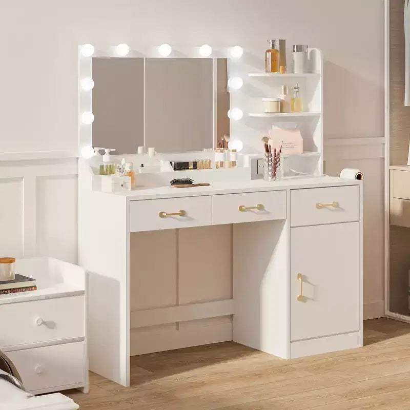 Coiffeuse avec miroir 3 tiroirs, 2 compartiments, placard, étagères ouvertes