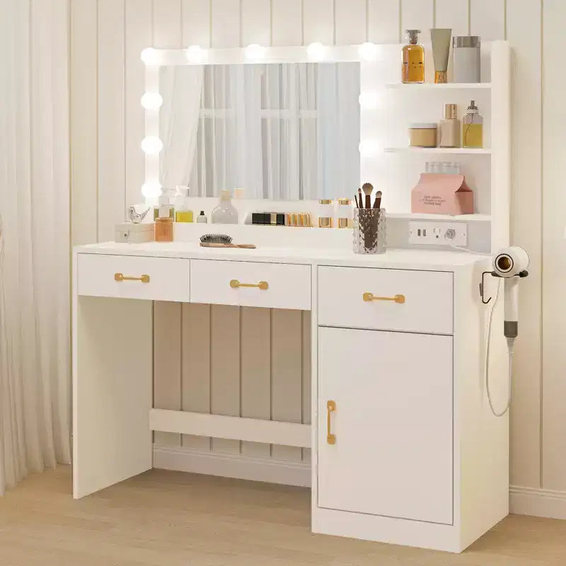 Coiffeuse avec miroir 3 tiroirs, 2 compartiments, placard, étagères ouvertes