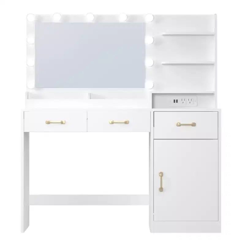 Coiffeuse avec miroir 3 tiroirs, 2 compartiments, placard, étagères ouvertes