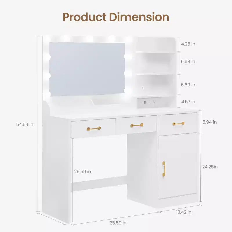 Coiffeuse avec miroir 3 tiroirs, 2 compartiments, placard, étagères ouvertes
