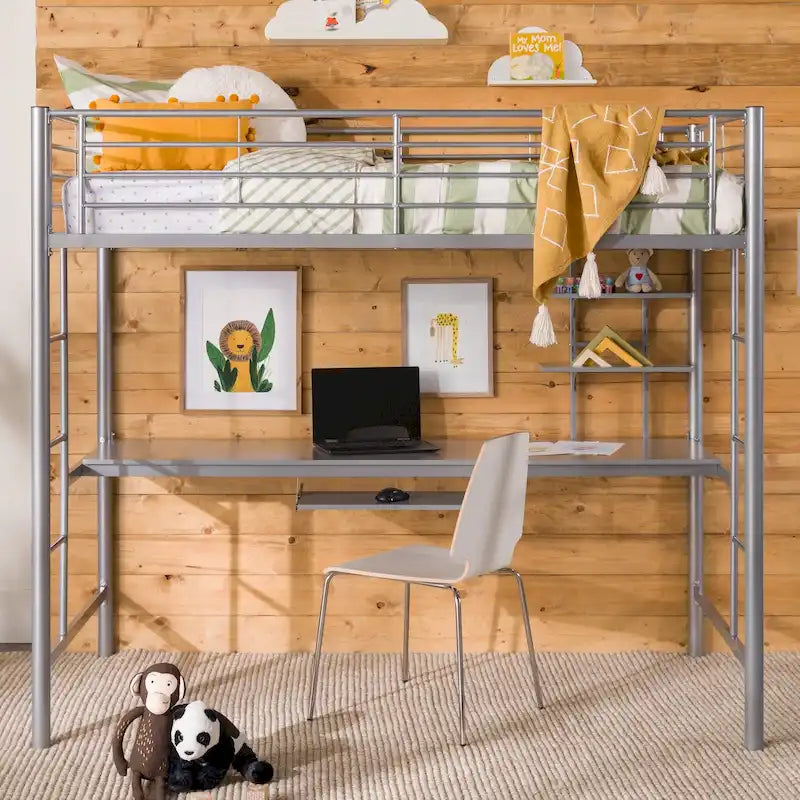 Middlebrook Abner Twin Metal Loft Bed with Desk - Silver