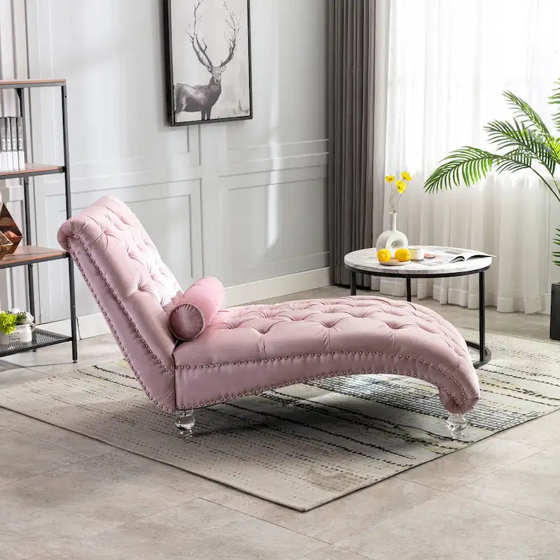 Button-Tufted Upholstered Velvet Recliner Chaise with Pillow and Acrylic Feet