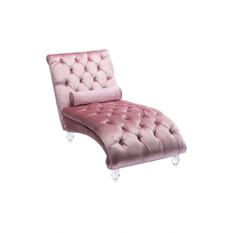 Button-Tufted Upholstered Velvet Recliner Chaise with Pillow and Acrylic Feet