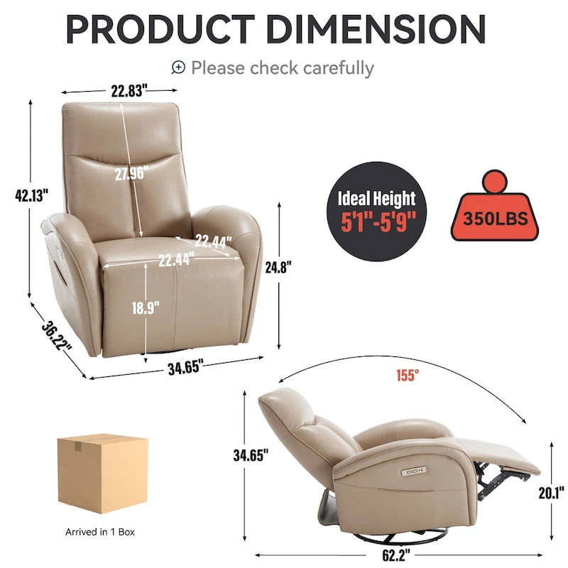 Leatheraire Swivel and Rocker Power Recliner Chair with Lumbar Support, Max Swivel Degree 270, USB and Type-C Ports