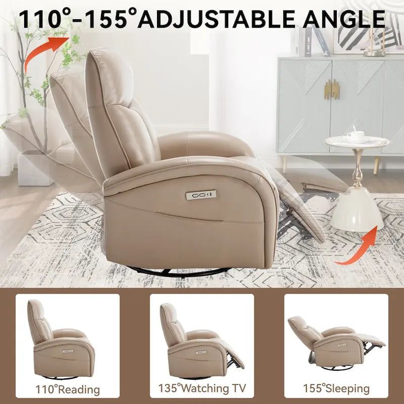 Leatheraire Swivel and Rocker Power Recliner Chair with Lumbar Support, Max Swivel Degree 270, USB and Type-C Ports
