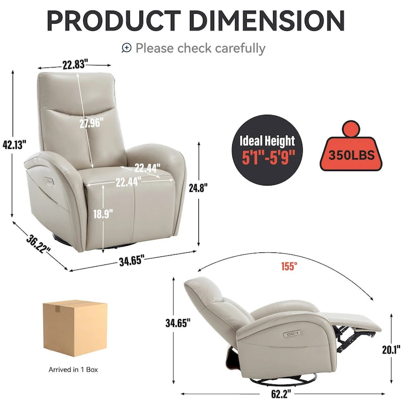 Leatheraire Swivel and Rocker Power Recliner Chair with Lumbar Support, Max Swivel Degree 270, USB and Type-C Ports