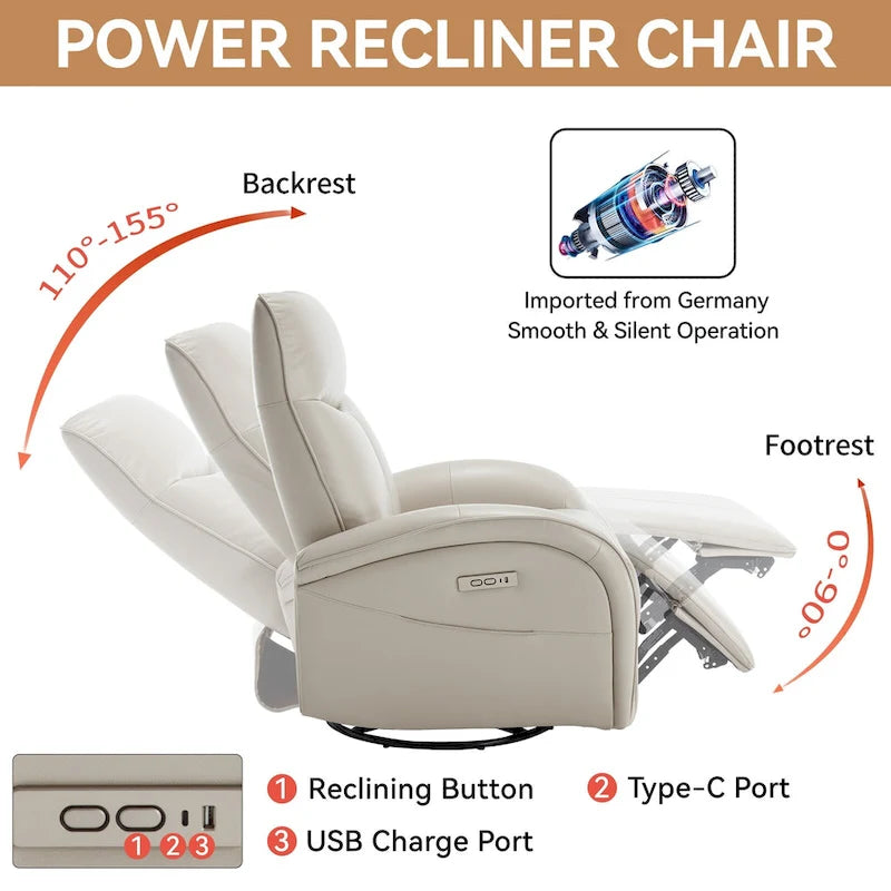 Leatheraire Swivel and Rocker Power Recliner Chair with Lumbar Support, Max Swivel Degree 270, USB and Type-C Ports