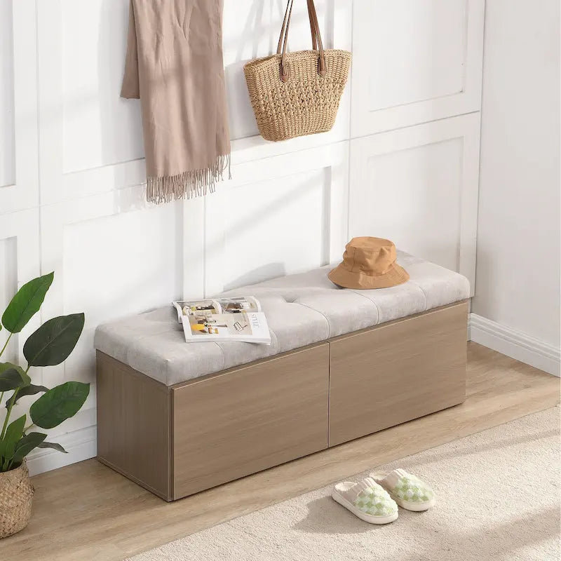 49 Shoe Storage Bench Entryway Shoe Cabinet Storage Ottoman with Padded Seat Cushion and Double Doors