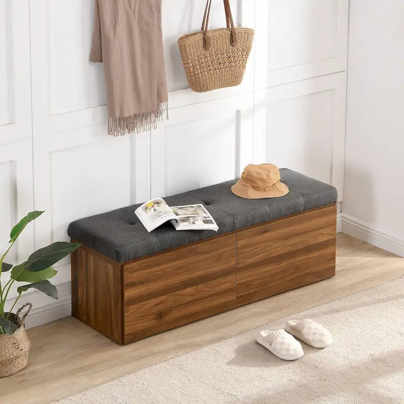 49 Shoe Storage Bench Entryway Shoe Cabinet Storage Ottoman with Padded Seat Cushion and Double Doors