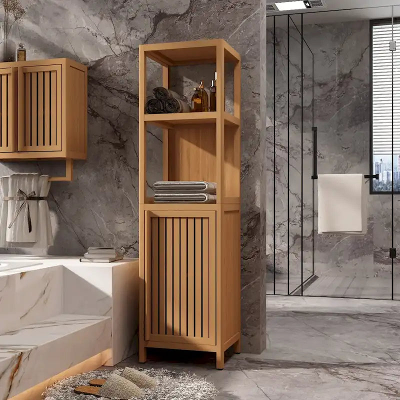 Storage Tall Slim Cabinet with Shutter Door and 3 Tier Shelves, Freestanding Linen Tower Cabinet