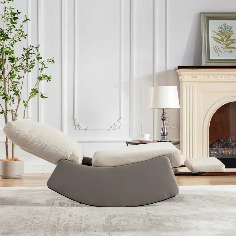 Corduroy Rocker Recliner with Footrest and PU Leather Leg