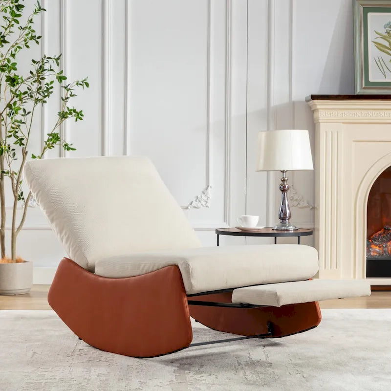 Corduroy Rocker Recliner with Footrest and PU Leather Leg
