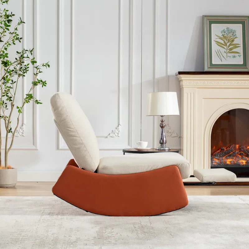 Corduroy Rocker Recliner with Footrest and PU Leather Leg