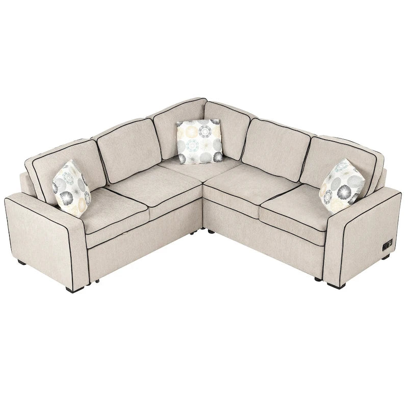 L-Shaped Pull Out Sofa Bed Modern Convertible Sleeper Sofa with 2 USB ports, 2 Power Sockets and 3 Pillows