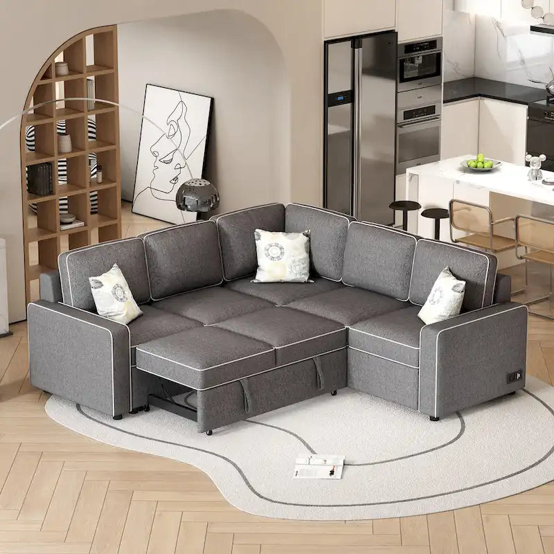 L-Shaped Pull Out Sofa Bed Modern Convertible Sleeper Sofa with 2 USB ports, 2 Power Sockets and 3 Pillows
