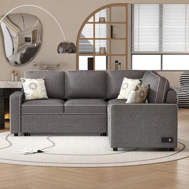 L-Shaped Pull Out Sofa Bed Modern Convertible Sleeper Sofa with 2 USB ports, 2 Power Sockets and 3 Pillows