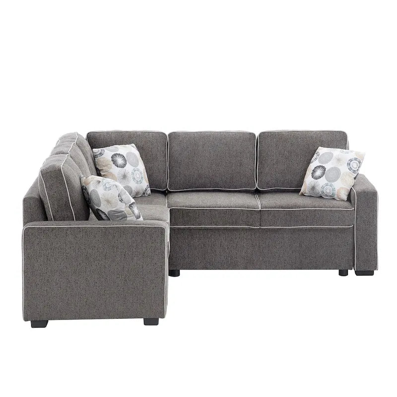 L-Shaped Pull Out Sofa Bed Modern Convertible Sleeper Sofa with 2 USB ports, 2 Power Sockets and 3 Pillows