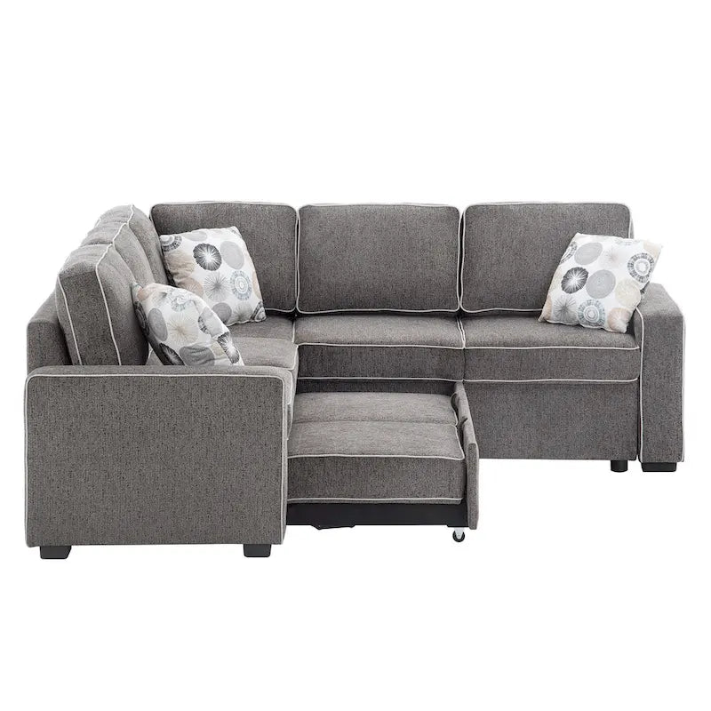 L-Shaped Pull Out Sofa Bed Modern Convertible Sleeper Sofa with 2 USB ports, 2 Power Sockets and 3 Pillows