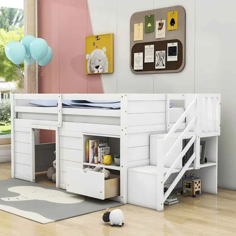 Solid Wood Low Loft Bed With Drawer and Stair,Twin Szie