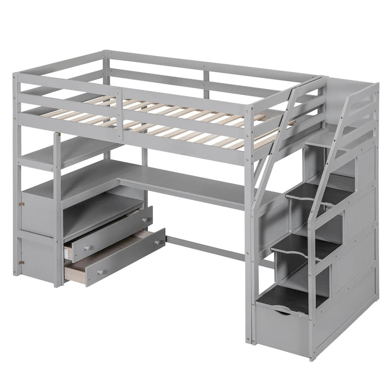Twin Size Loft Bed with Desk and Shelves, Two Built-in Drawers, Storage Staircase