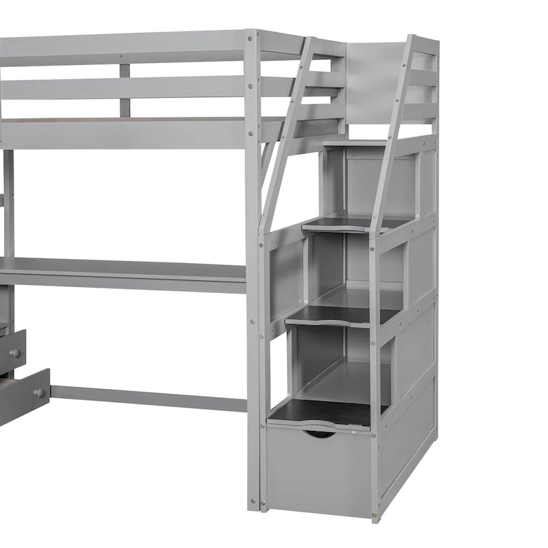 Twin Size Loft Bed with Desk and Shelves, Two Built-in Drawers, Storage Staircase