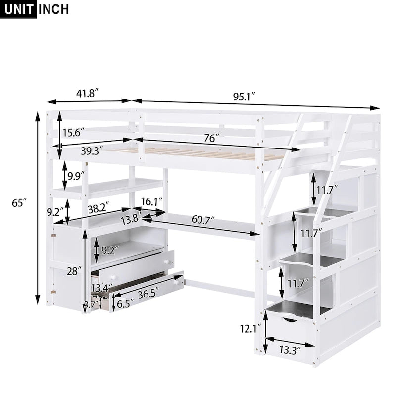 Twin Size Loft Bed with Desk and Shelves, Two Built-in Drawers, Storage Staircase