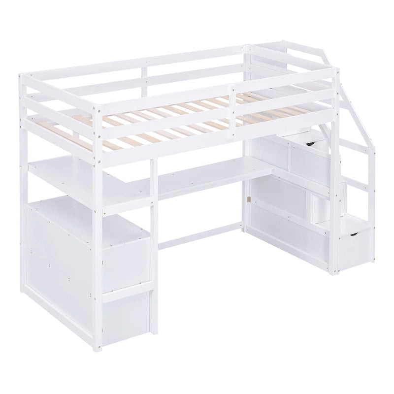 Twin Size Loft Bed with Desk and Shelves, Two Built-in Drawers, Storage Staircase