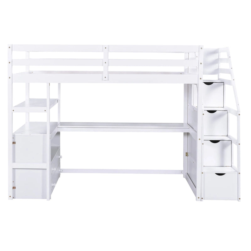 Twin Size Loft Bed with Desk and Shelves, Two Built-in Drawers, Storage Staircase