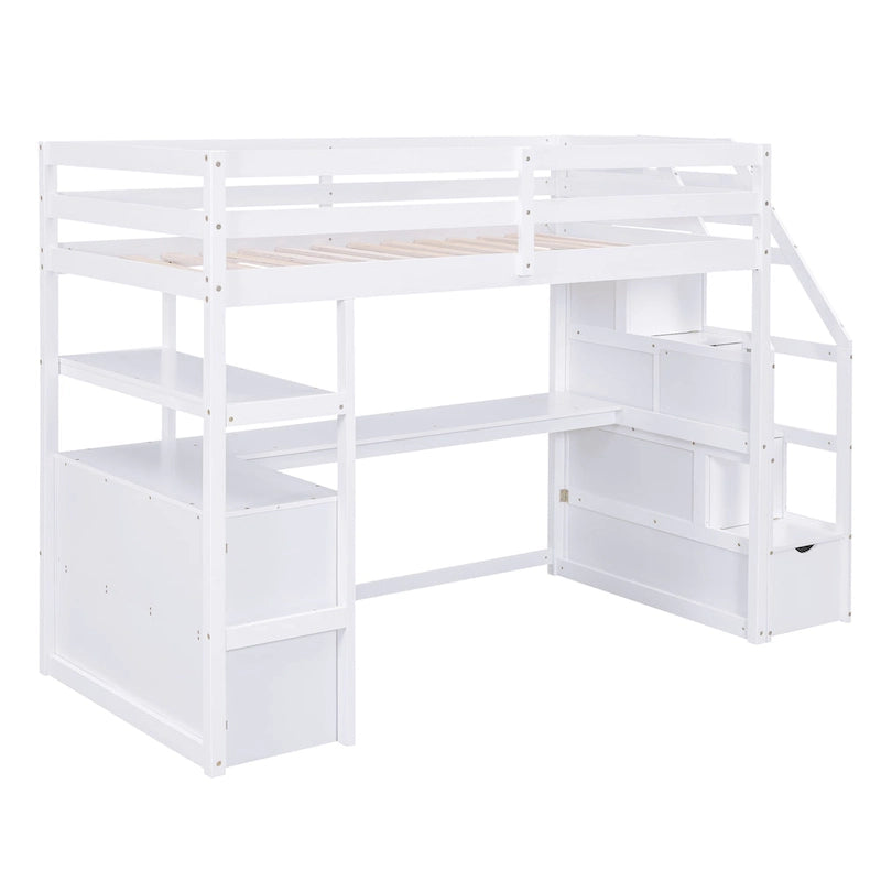 Twin Size Loft Bed with Desk and Shelves, Two Built-in Drawers, Storage Staircase