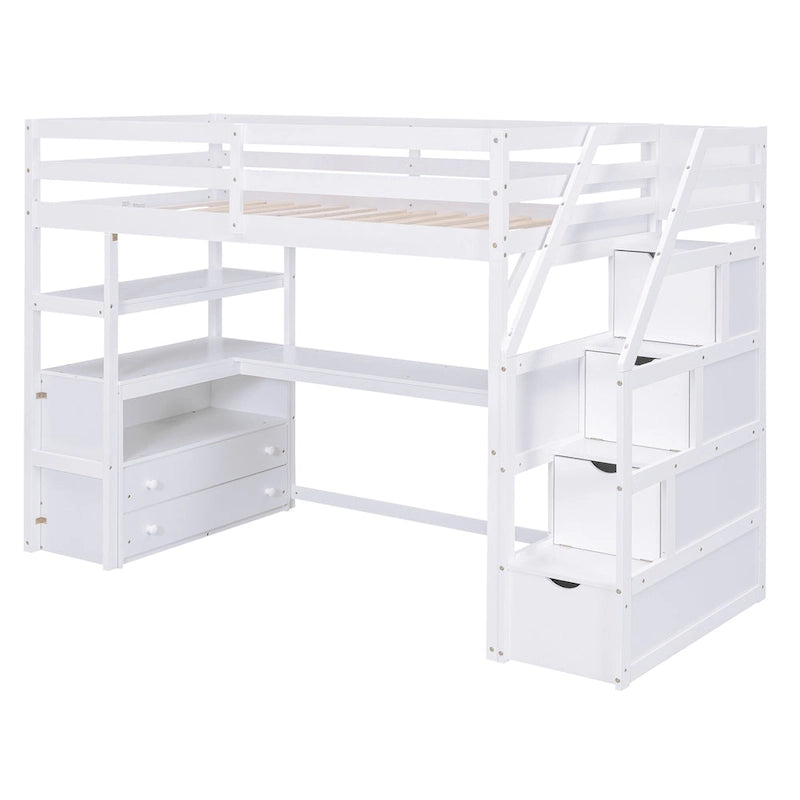 Twin Size Loft Bed with Desk and Shelves, Two Built-in Drawers, Storage Staircase