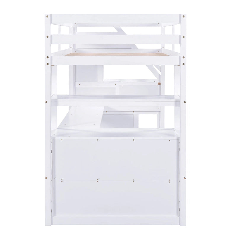 Twin Size Loft Bed with Desk and Shelves, Two Built-in Drawers, Storage Staircase
