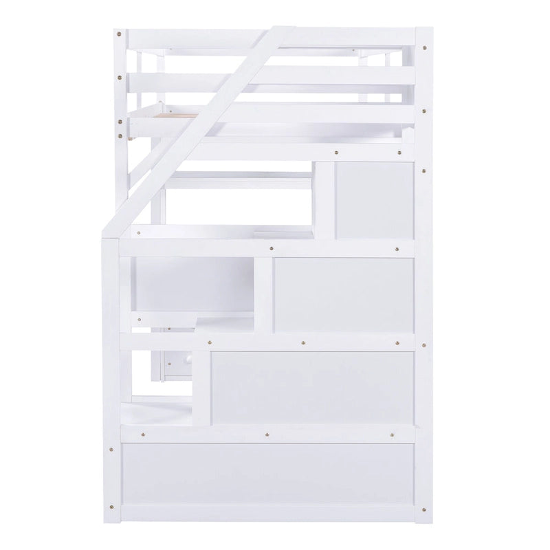 Twin Size Loft Bed with Desk and Shelves, Two Built-in Drawers, Storage Staircase