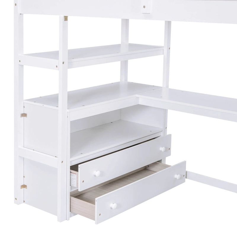 Twin Size Loft Bed with Desk and Shelves, Two Built-in Drawers, Storage Staircase