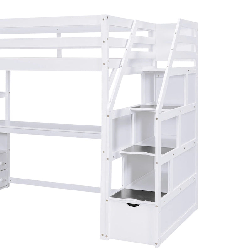 Twin Size Loft Bed with Desk and Shelves, Two Built-in Drawers, Storage Staircase