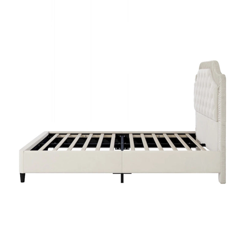 Modern Full-Size Upholstered Bed with Pleated and Button-Tufted Headboard, Solid Wood Frame and Metal Base, No Box Spring Needed