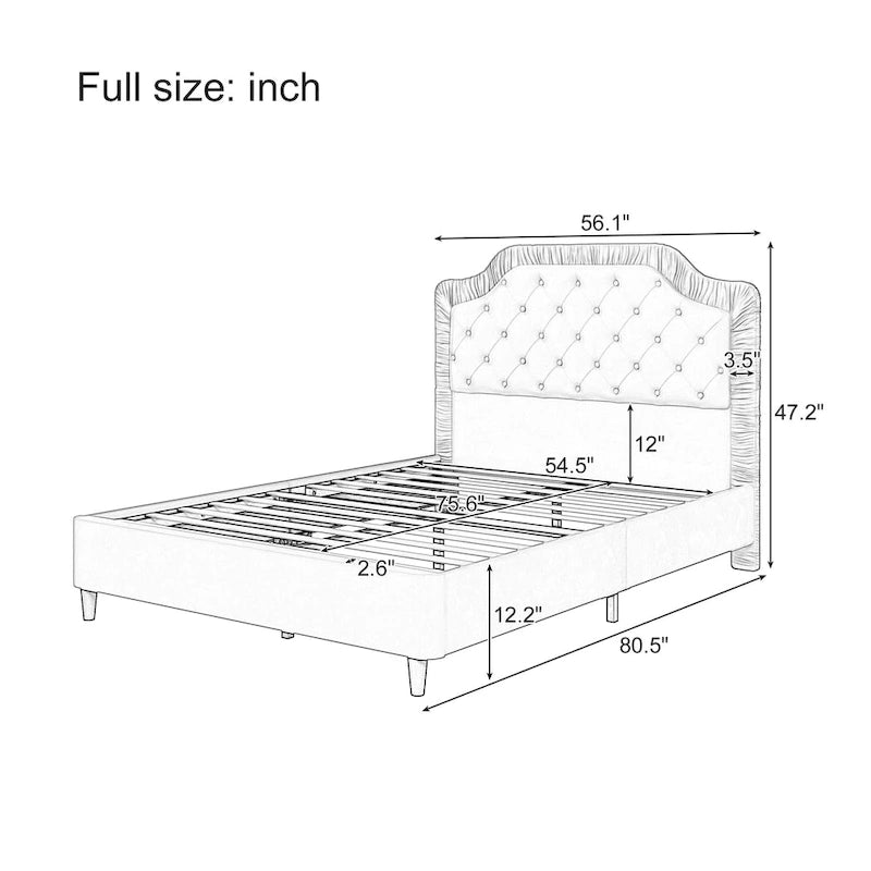 Modern Full-Size Upholstered Bed with Pleated and Button-Tufted Headboard, Solid Wood Frame and Metal Base, No Box Spring Needed