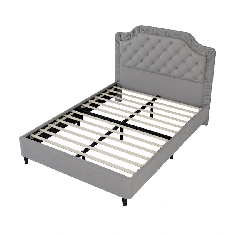 Modern Full-Size Upholstered Bed with Pleated and Button-Tufted Headboard, Solid Wood Frame and Metal Base, No Box Spring Needed