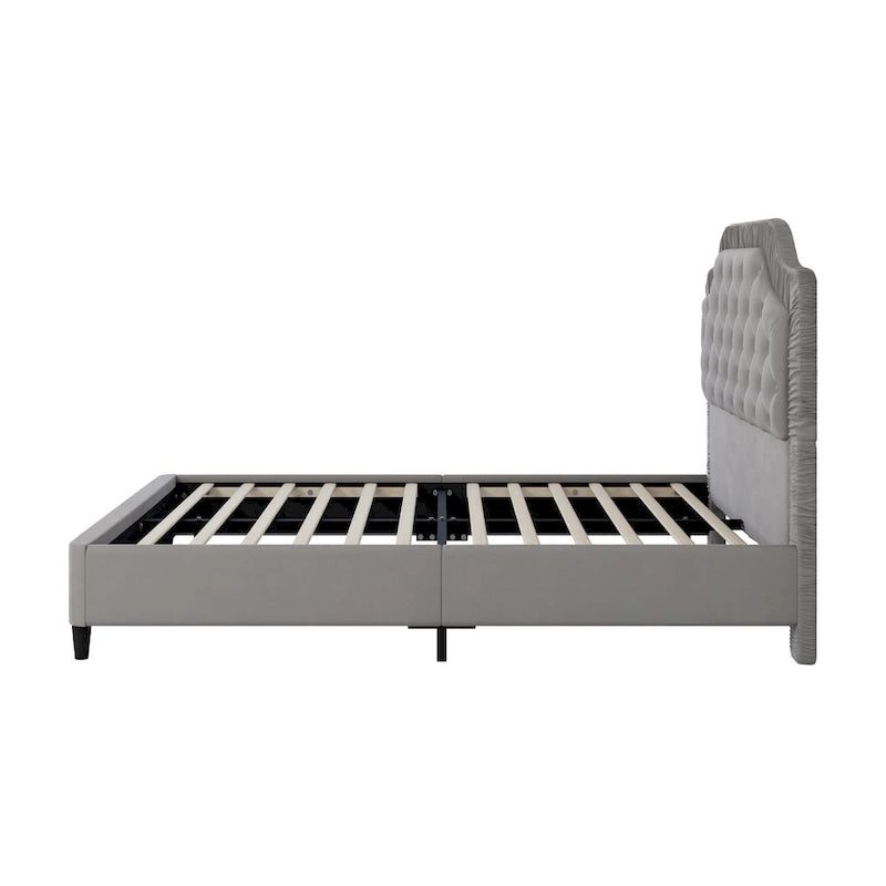 Modern Full-Size Upholstered Bed with Pleated and Button-Tufted Headboard, Solid Wood Frame and Metal Base, No Box Spring Needed